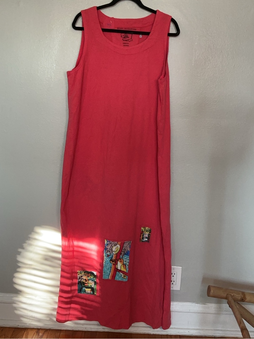 Michael Leu Collection “Art to Wear” Coral Maxi Dress with Patch Details Size L